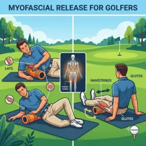 An educational illustration showing targeted myofascial release using foam rollers and golf flexibility training tools.