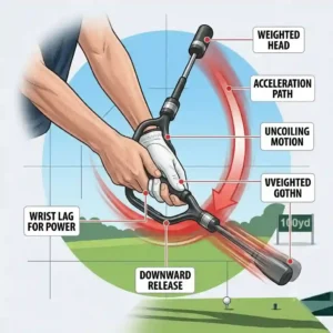 A close-up illustration showcasing the downswing acceleration path with a weighted golf swing speed trainer.