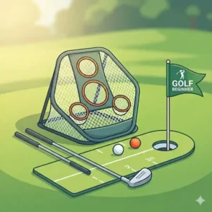Two colorful golf training equipment for beginners alignment sticks placed parallel on the grass to guide a beginner golfer's stance and target line.