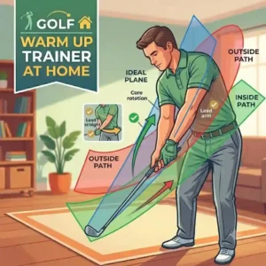 Illustration demonstrating the correct swing plane path using a specialized golf warm up trainer at home.
