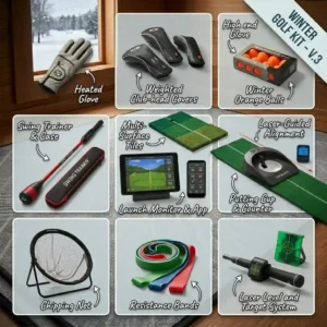 A premium home simulator setup with a hitting mat and screen showcasing effective golf training aids for winter.