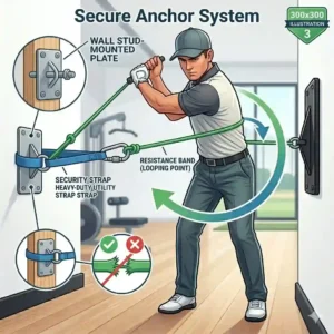 A 300x300 technical diagram showing how to safely set up and anchor heavy-duty resistance bands for golf training to a wall mount.
