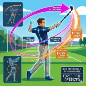 A stylized representation of dynamic swing motion that is central to achieving faster swings with a dedicated golf speed training system.