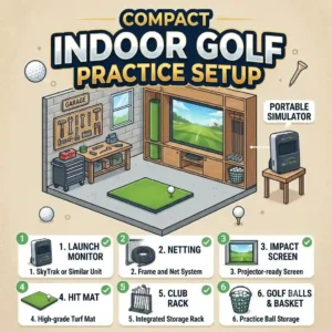 A step-by-step DIY indoor golf practice setup built inside a spacious residential garage.