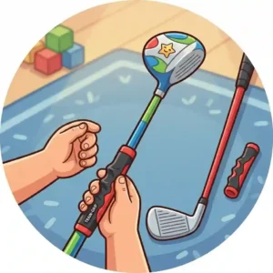 Close-up of a child holding a colorful junior club from a premium kids golf practice equipment home kit.