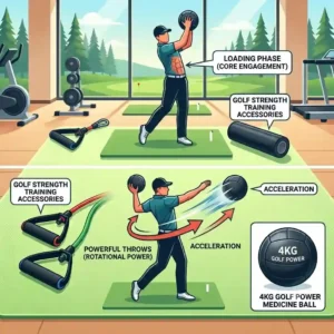 Step-by-step fitness diagram showing a golfer performing core rotational throws with a medicine ball, highlighting common golf strength training accessories for generating power.