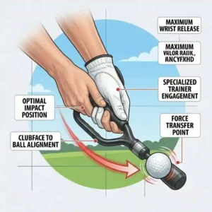 Graphic illustrating the perfect impact position and wrist release using a golf swing speed trainer.