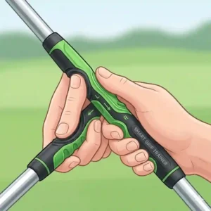 A close-up illustration of a golf training equipment for beginners grip trainer on a golf club handle, showing a beginner exactly where to place their hands.