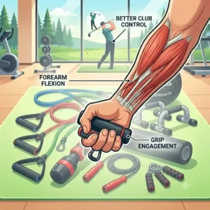 Close-up illustration of a hand squeezing a specialized forearm and grip tool, a type of golf strength training accessories designed for improved club control.