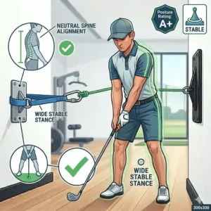 A 300x300 fitness illustration of lower body stance stability and hip activation exercises using looped resistance bands for golf training.