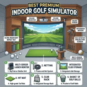 A premium luxury indoor golf practice setup equipped with a full-screen projection simulator.