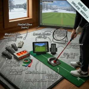 A golfer practicing correct hand placement on a weighted swing trainer grip, perfect golf training aids for winter.