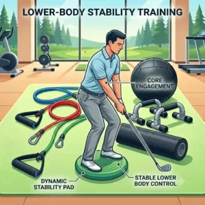 A vector graphic depicting a golfer maintaining balanced stability while standing on a dynamic stability cushion, utilizing golf strength training accessories for lower body control.