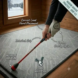 An indoor chipping net setup in a living room, utilized as compact golf training aids for winter.