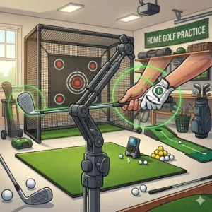 Swing trainer aid integrated into the complete home golf practice set for perfect form development.