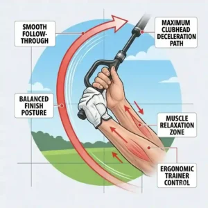 An illustration of a smooth follow-through and balanced finish after practicing with a golf swing speed trainer.