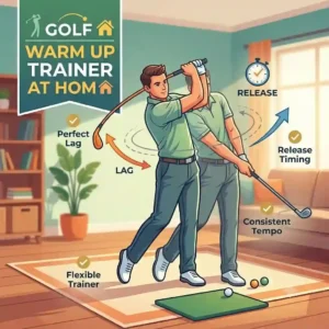 Diagram illustrating the lag and release timing when practicing with a golf warm up trainer at home.