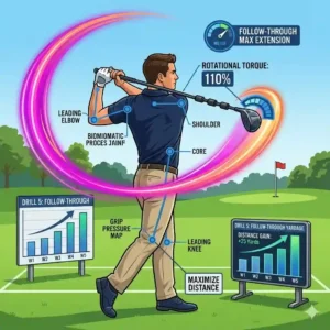 An illustration focusing specifically on the impact zone and follow-through, where maximum energy is released in a high-quality golf speed training system routine.