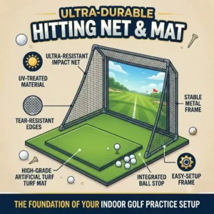 A minimalist indoor golf practice setup featuring an ultra-durable hitting net and premium artificial turf mat.