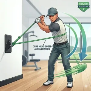 A 300x300 biomechanical illustration showing dynamic downswing acceleration to increase club head speed with resistance bands for golf training.