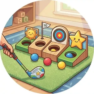 An interactive wooden target game setup on a playroom carpet for kids golf practice equipment home entertainment.