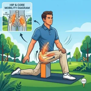 Vector illustration of a golfer using a yoga block during hip stretching with golf flexibility training tools.