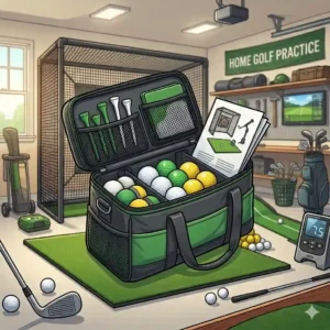 Carry bag and essential gear included in the complete home golf practice set for easy storage.