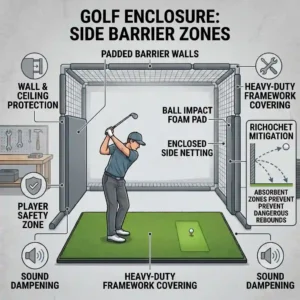 Installing protective side barriers for enhanced safety in a garage golf practice setup.