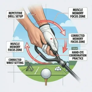 Infographic displaying daily muscle memory drills using a portable golf swing speed trainer for faster hands.