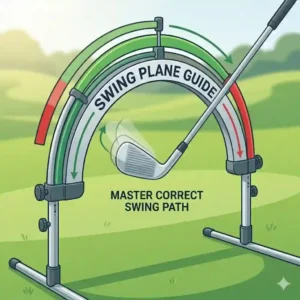 An illustration demonstrating a golf training equipment for beginners swing plane guide arc, helping a beginner golfer maintain a consistent path.
