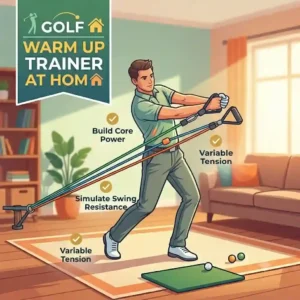 Illustration of a golfer using a resistance-based golf warm up trainer at home to build power.
