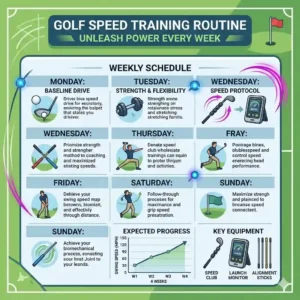 7-illustration-6-golf-speed-training-system: A sample weekly calendar grid that outlines a structured regimen for a golfer following a tailored golf speed training system program.
