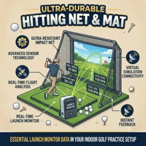 A detailed close-up illustration tracking ball flight metrics using a portable launch monitor within an indoor golf practice setup.