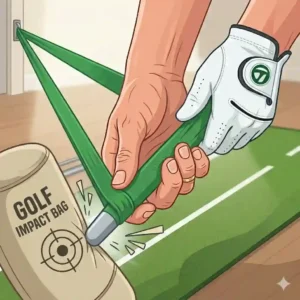 An illustration demonstrating the proper contact position using a golf impact smash bag for older players.
