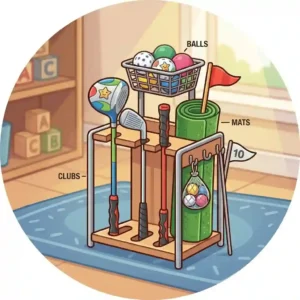 A neat wooden rack organizing clubs, mats, and balls from a kids golf practice equipment home collection.