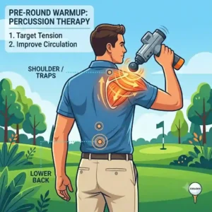 An infographic illustration showing how to use a percussion massage gun alongside other golf flexibility training tools.