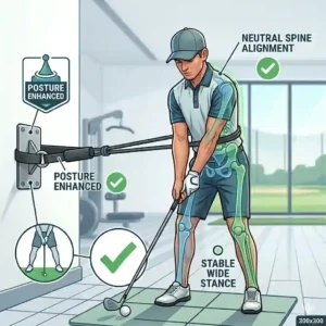 A 300x300 educational graphic highlighting perfect posture and spine alignment correction while pulling resistance bands for golf training.