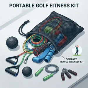 An infographic flat-lay showing a compact mesh travel bag filled with portable golf strength training accessories like lightweight bands and massage balls.