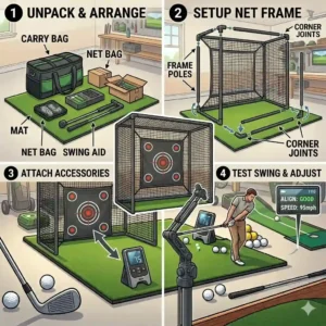 Instructional diagram showing the assembly steps for a complete home golf practice set.