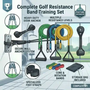 A 300x300 product diagram displaying a complete fitness workout kit including various tension levels of resistance bands for golf training.