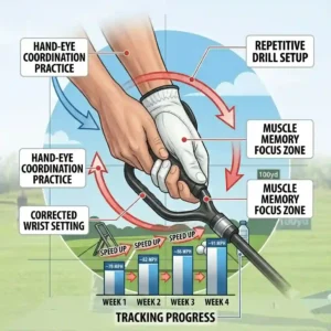A chart tracking clubhead speed progression and distance gains from regular use of a golf swing speed trainer.