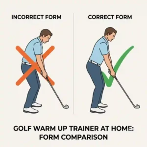 A comparison illustration of incorrect versus correct posture when using a golf warm up trainer at home.