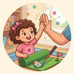 A joyful young girl giving a high five to her parent after a successful shot with her kids golf practice equipment home setup.
