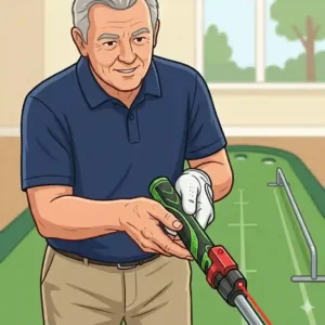 A graphic showing a laser pointer attached to a golf club shaft to help senior golfers check their swing path.