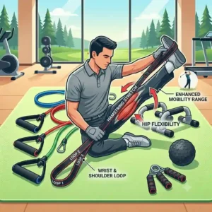 Illustration of a golfer using a heavy-duty multi-loop stretching strap to improve flexibility and range of motion, which are key mobility-focused golf strength training accessories.