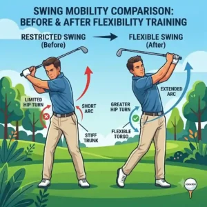 An educational infographic illustration comparing backswing arcs before and after using golf flexibility training tools.