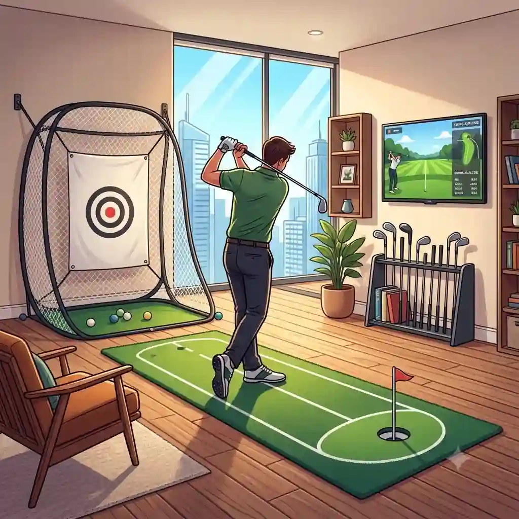 A detailed digital illustration showing multiple apartment golf practice solutions in one modern living room setup.
