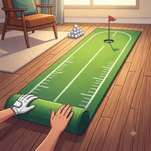 Illustration of a compact putting mat with alignment lines, part of a range of apartment golf practice solutions.