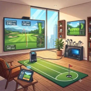 A modern home golf simulator setup with a launch monitor and projection screen, demonstrating advanced apartment golf practice solutions.