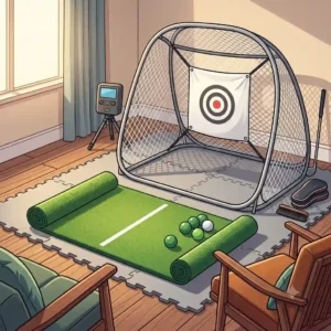 A golfer uses a pop-up hitting net and a turf mat as simple apartment golf practice solutions.